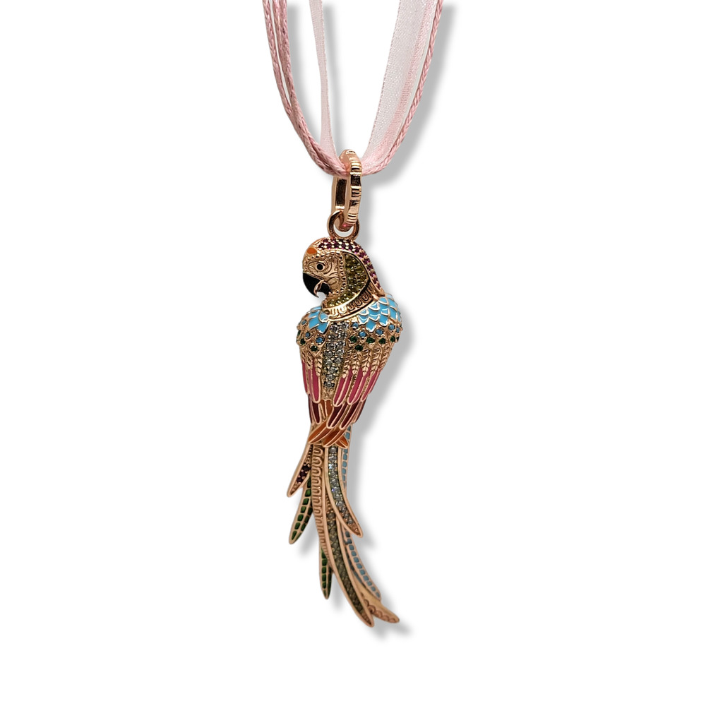 18KRGP 925 Sterling Silver Multi-Color Enamel & Gemstone Parrot Charm